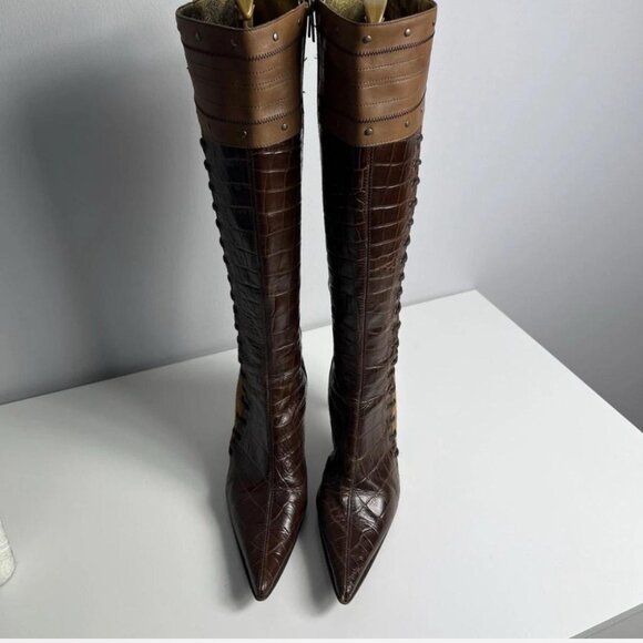 Vintage Avant Garde Just Cavalli Leather Knee High Boots Brown Croc Pointed Toe - Picture 6 of 7